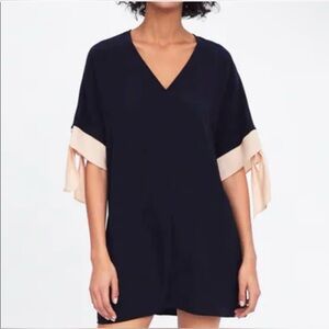 Zara Navy Shift Short Navy Blue Dress with Pink bows